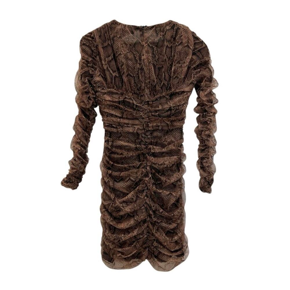 Zara Brown Snake Print Ruched Mesh Mini Dress Long Sleeve Bodycon Euro Siren S - Picture 7 of 14